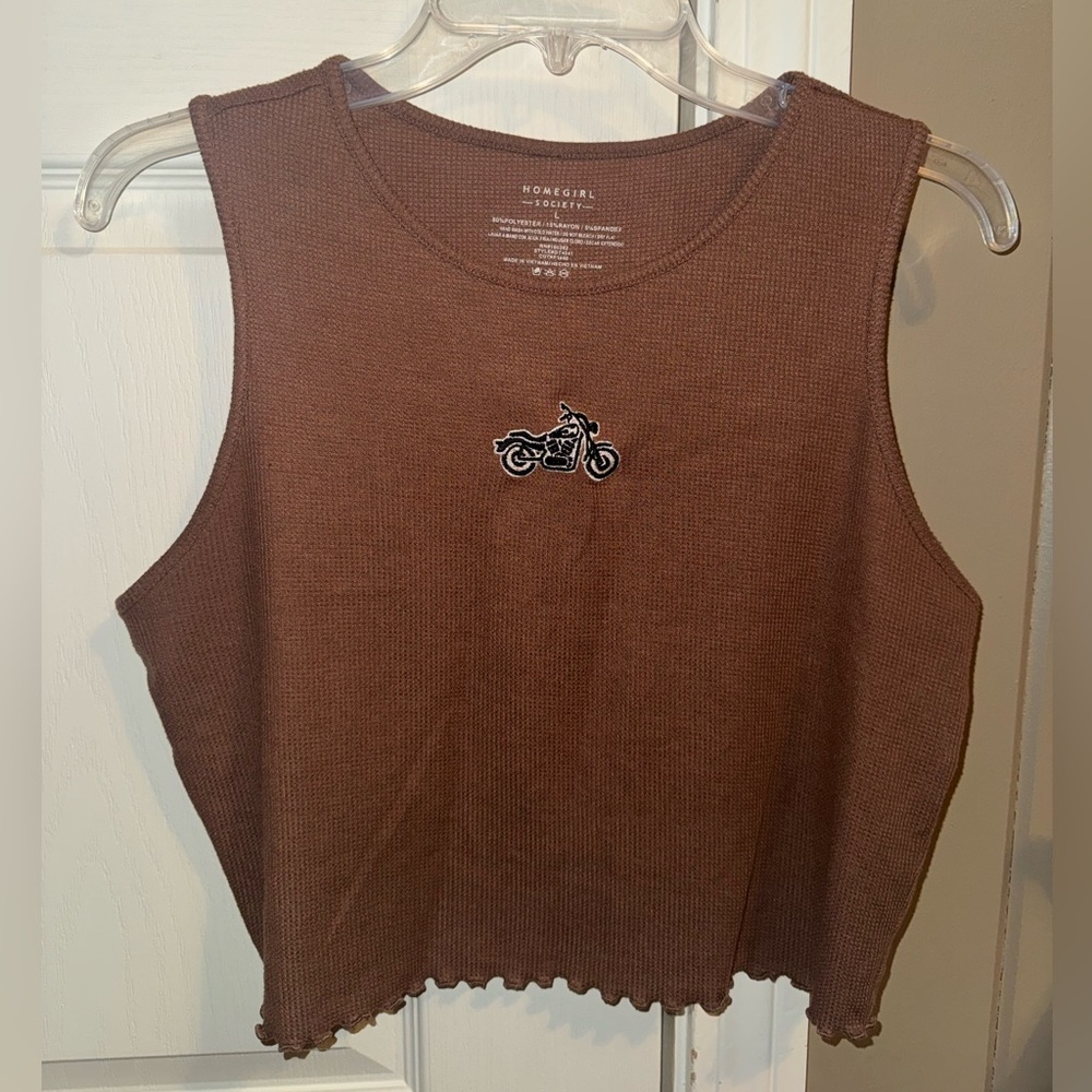 Homegirl society Brown Waffle-Knit lettuce ruffle trim motorcycle Crop tank